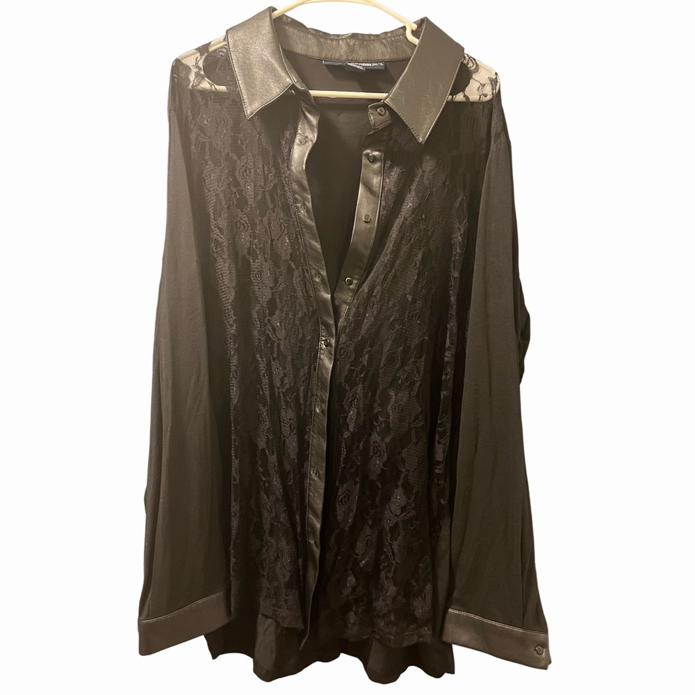 Denim 24/7 Long Sleeve Button Down Black Lace Blouse